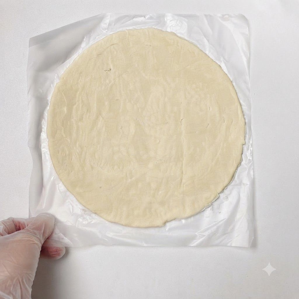 Una porción de relleno cocinado de ternera y queso colocada en el centro de la masa redonda.
