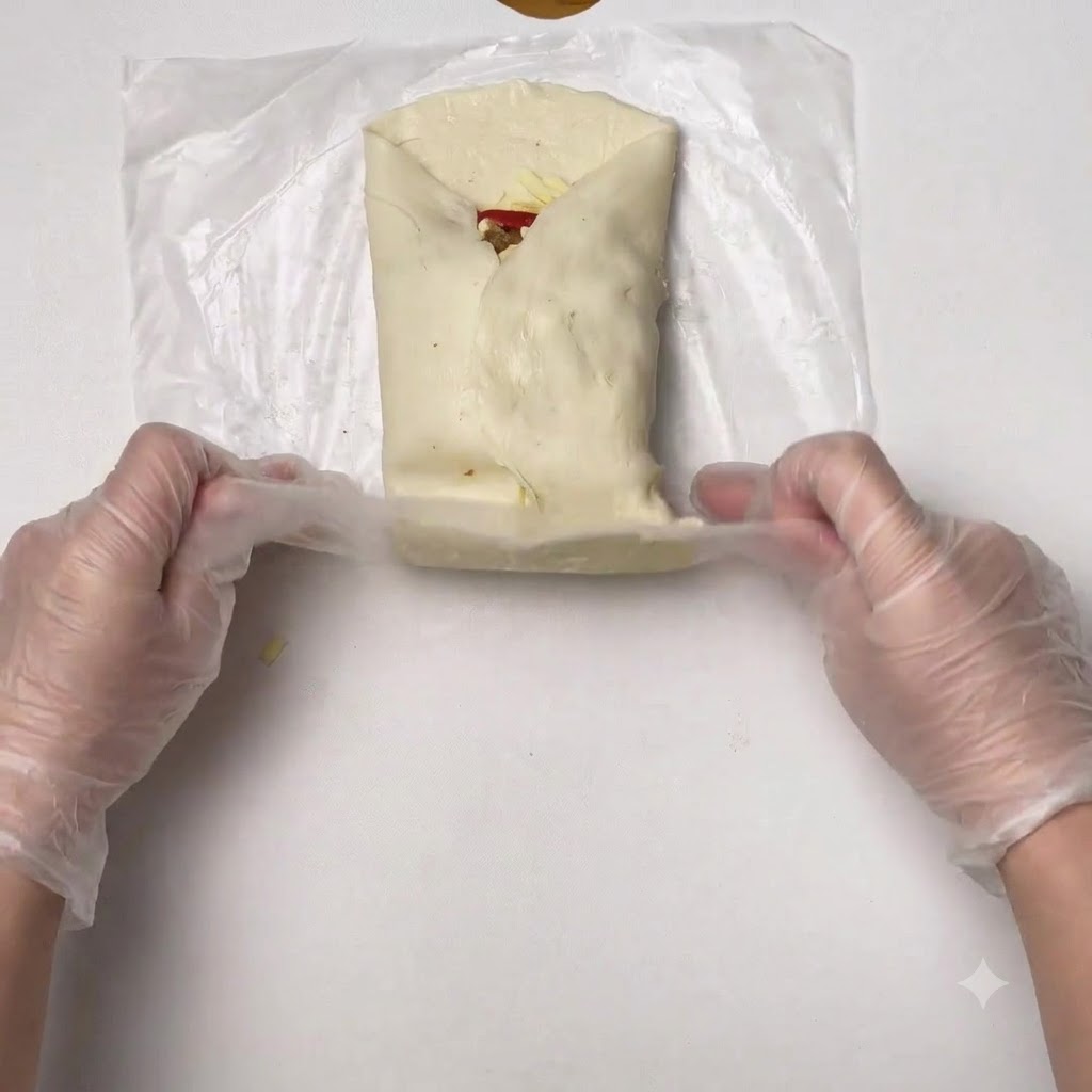 Manos usando película plástica para doblar y envolver los bordes de la masa alrededor del relleno.