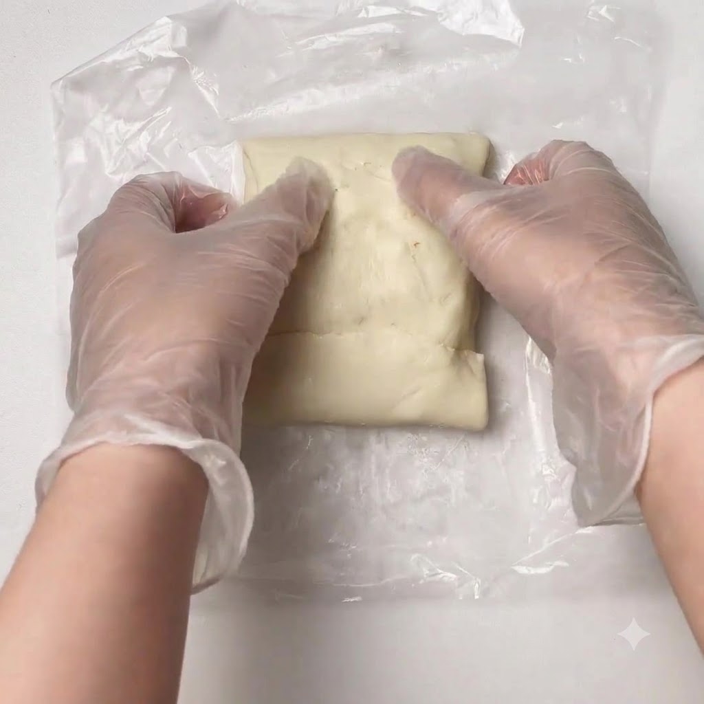 El rollo de masa envuelto dentro de la cesta de la freidora de aire siendo pintado con yema de huevo y espolvoreado con semillas de sésamo.