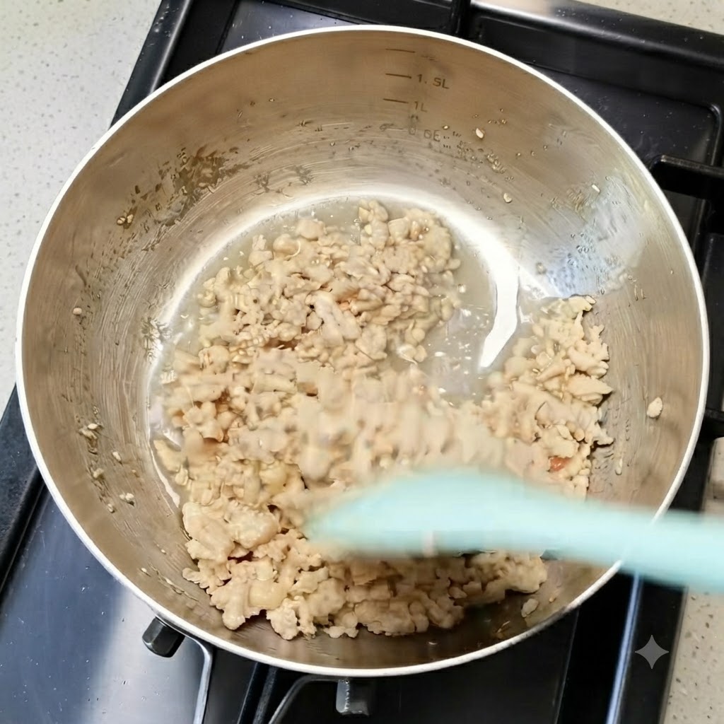Carne de pollo picada cocinándose mientras se revuelve en una sartén metálica con una espátula verde.