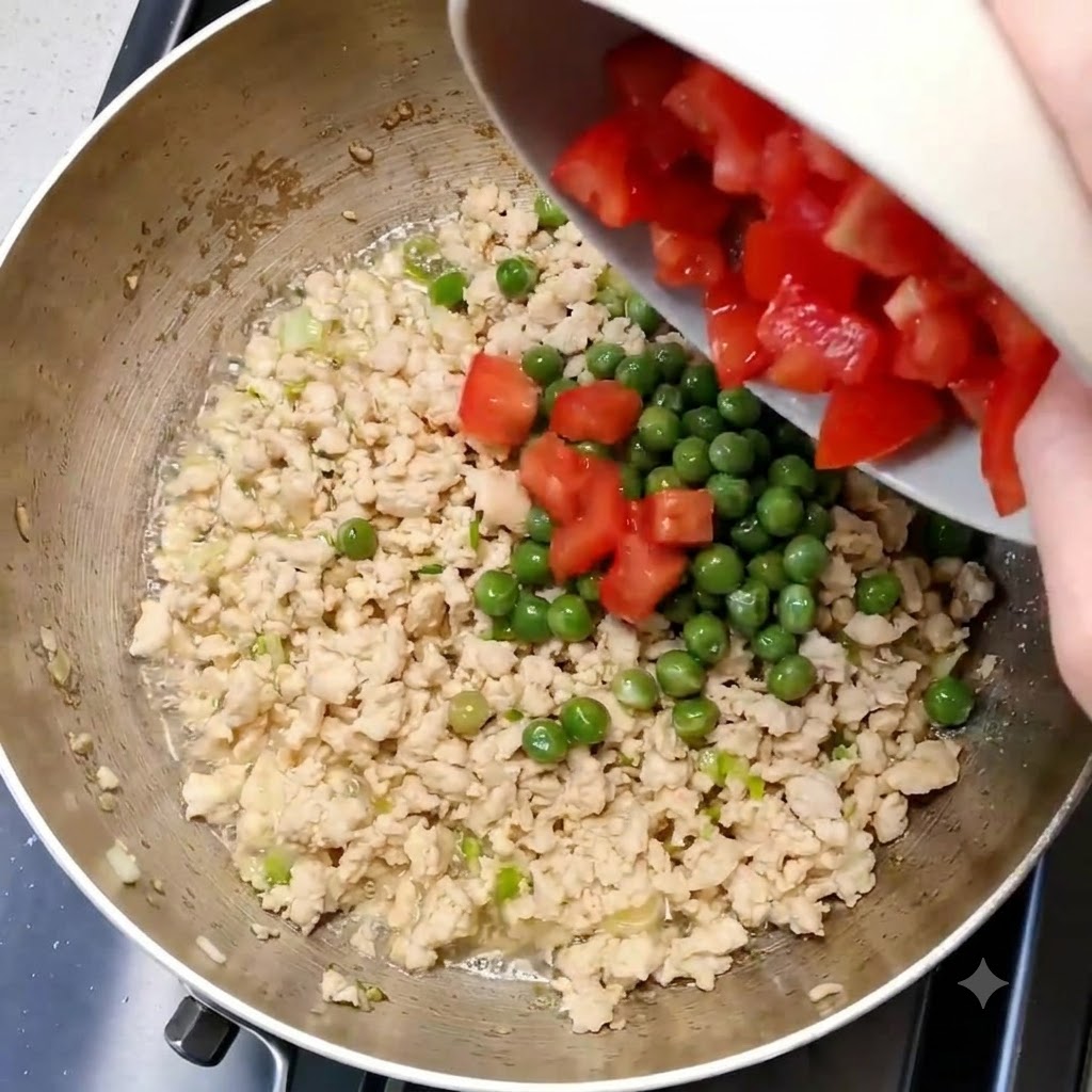 Tomates en dados siendo vertidos desde un plato a la sartén con los ingredientes.