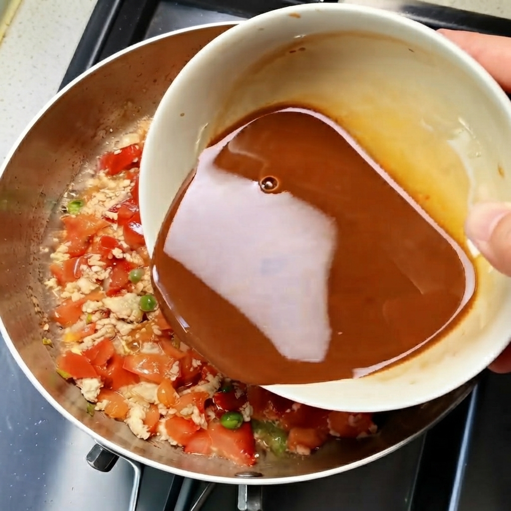 Salsa marrón precocinada siendo vertida desde un bol blanco a una sartén llena de carne picada cocinada, tomates y guisantes.