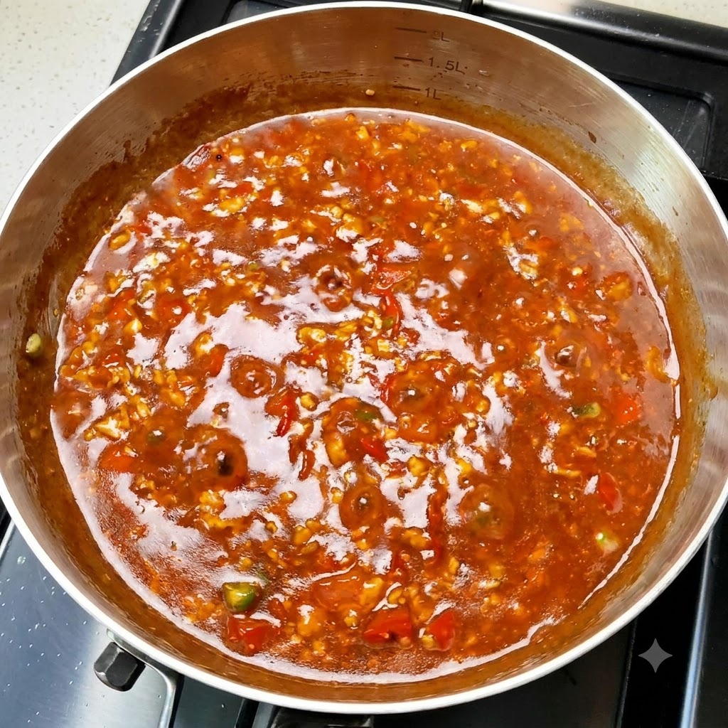 Una sartén llena de una rica salsa espesa de tomate y carne burbujeando en la encimera.