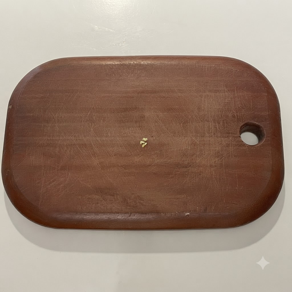 Dientes de ajo picados finamente sobre una tabla de cortar de madera con un cuchillo.