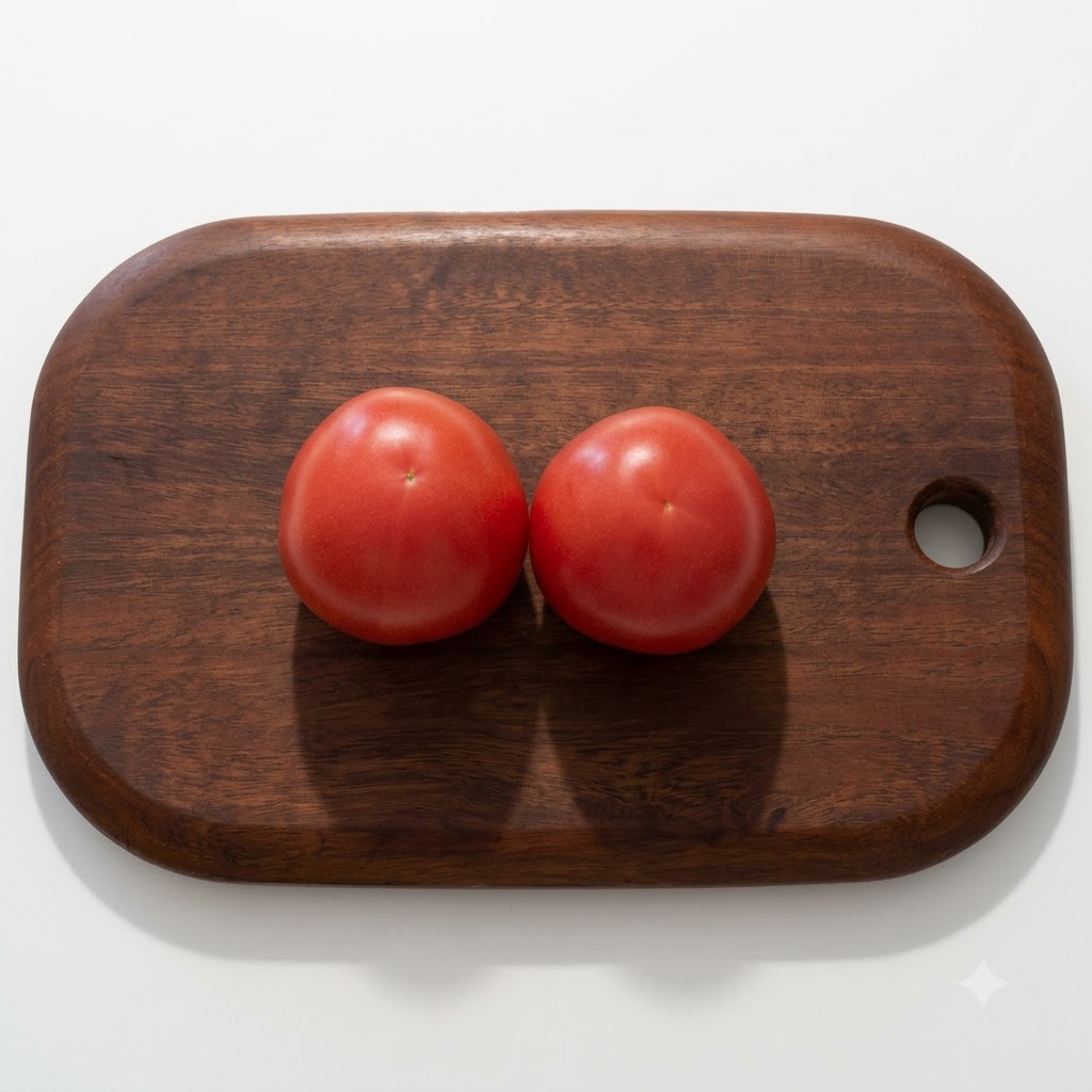 Tomates frescos cortados en gajos pequeños sobre una tabla de cortar de madera.