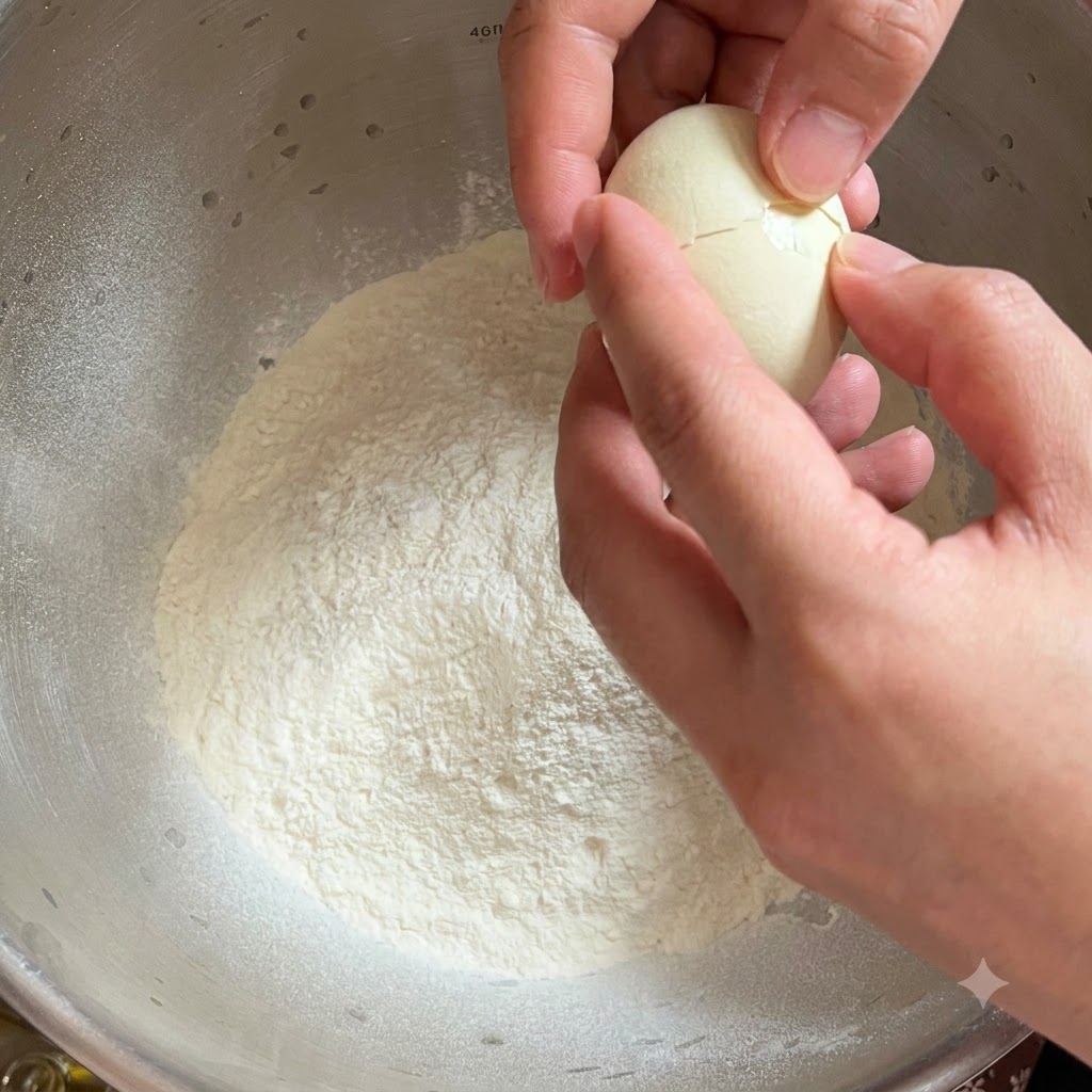 Huevos siendo cascados en un tazón de metal grande lleno de harina para hacer masa de pasta.