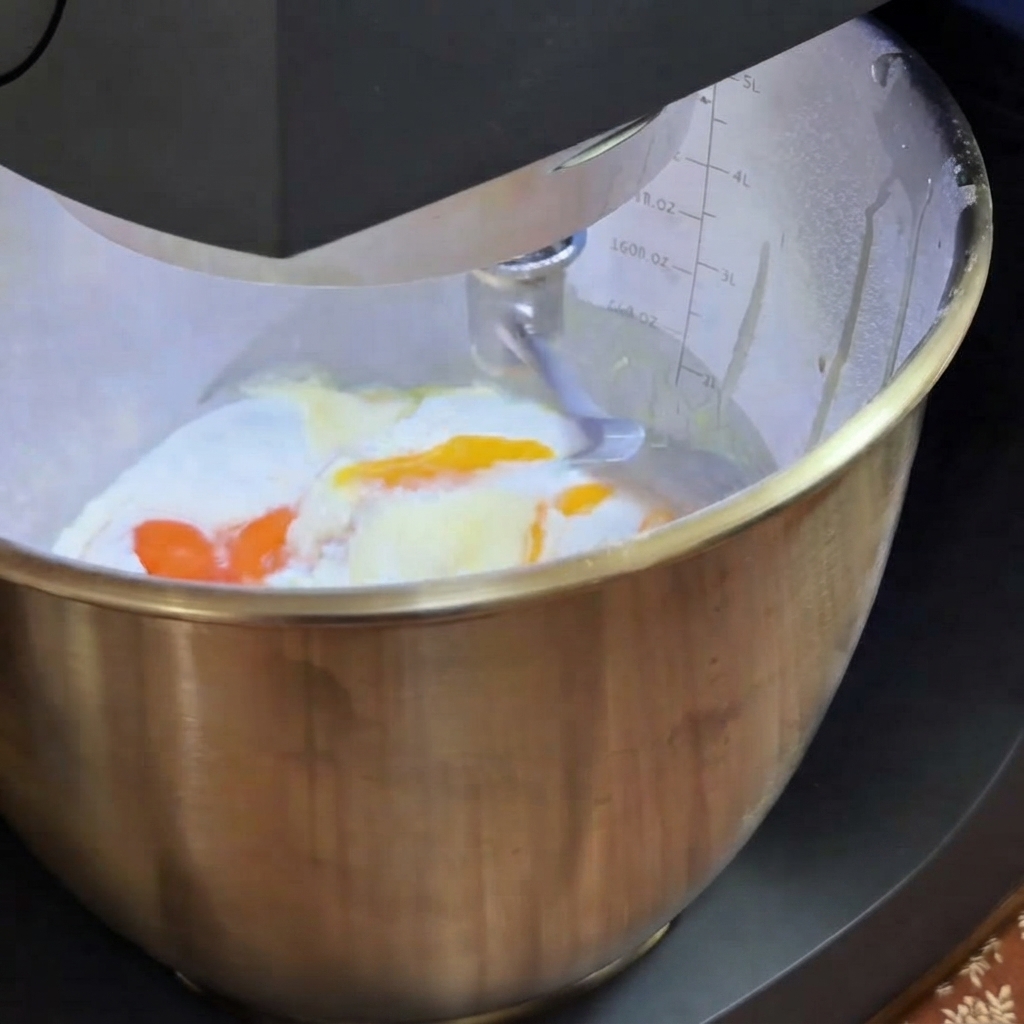 Una batidora de pie amasando ingredientes para pasta dentro de un bol de acero inoxidable.