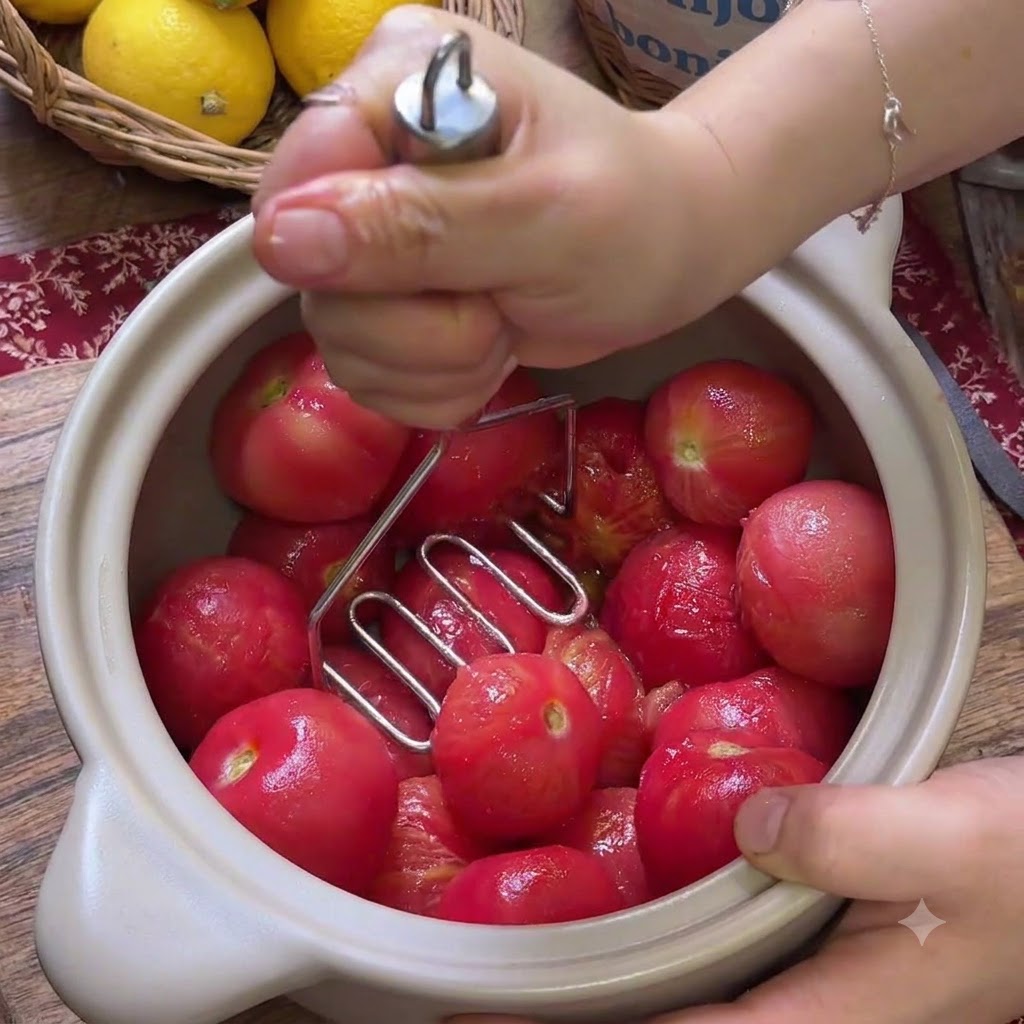 Manos usando un utensilio manual de metal para majar tomates rojos asados dentro de una olla de cerámica beige.