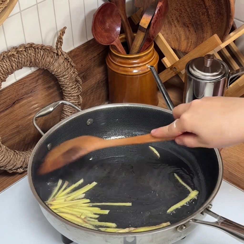 Carne picada y rodajas de jengibre siendo sofritas en una sartén grande de acero inoxidable usando una espátula de madera.