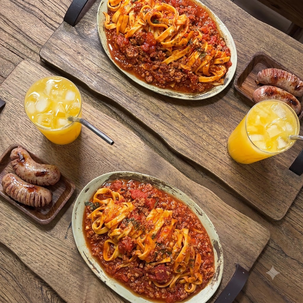 Fideos fettuccine frescos siendo extruidos desde un accesorio de máquina de pasta sobre una tabla.