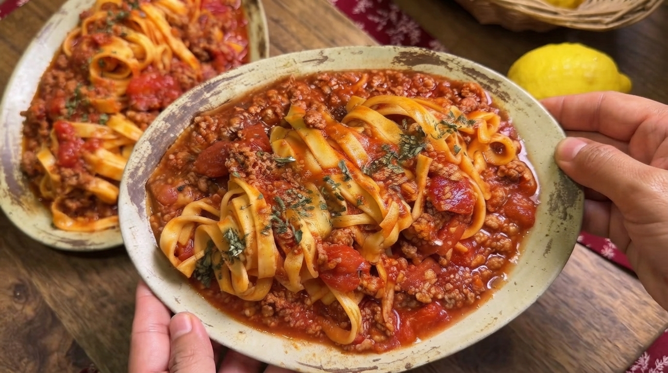 Pasta Casera con Salsa de Tomate y Carne