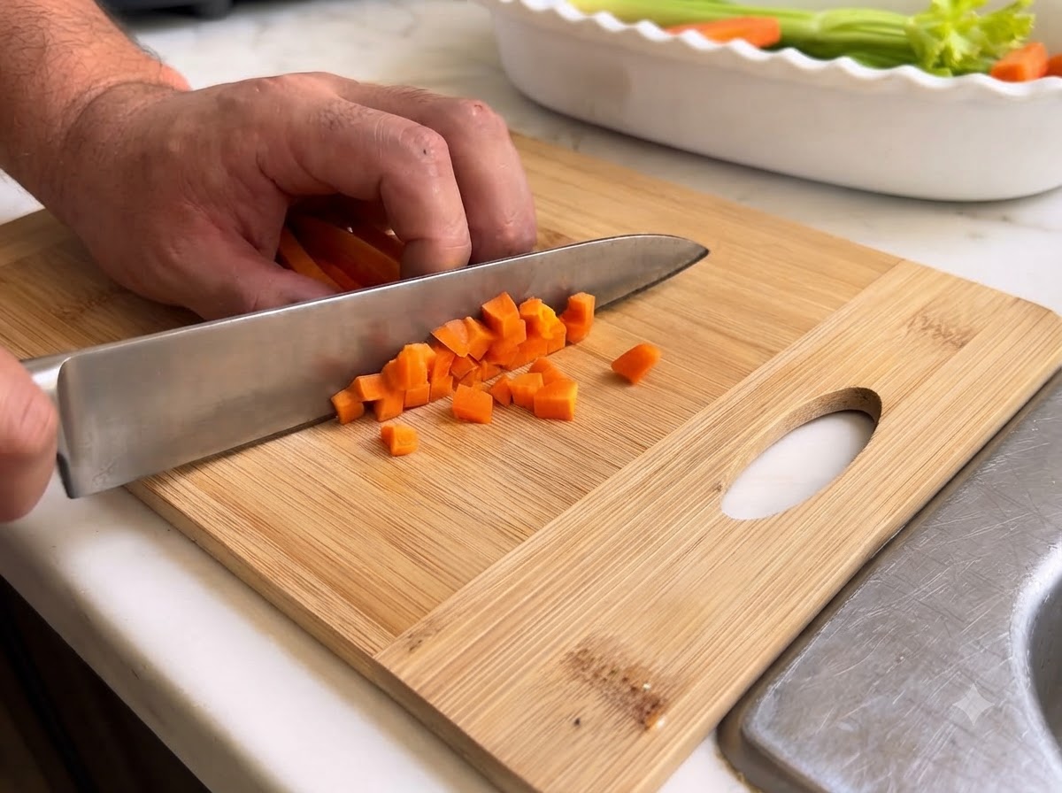 Zanahorias siendo picadas ordenadamente en pequeños cubos uniformes sobre una tabla de cortar de madera.