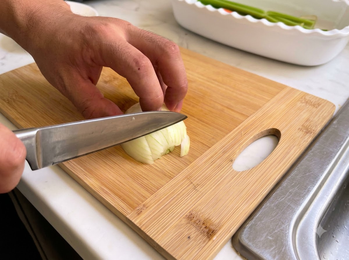 Una cebolla siendo cortada y picada cuidadosamente en una superficie de corte de madera con un cuchillo de cocina.