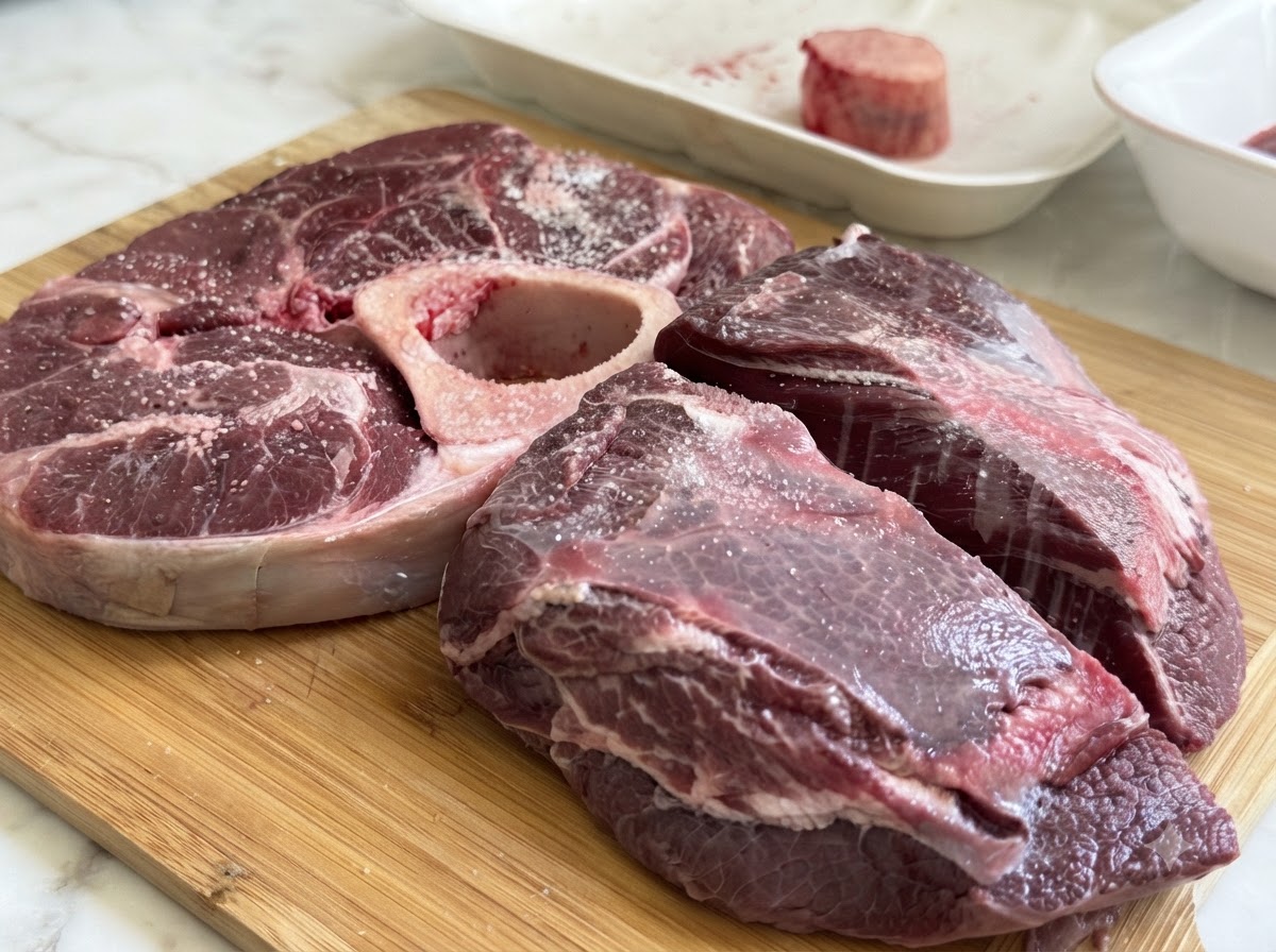 Cortes de ternera crudos y tuétano espolvoreados uniformemente con sal gruesa y pimienta en una tabla de cortar de madera.