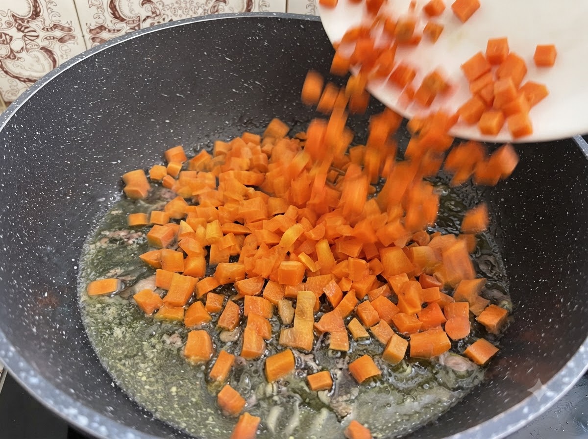 Zanahorias, apio y cebollas picados cocinándose en una olla con aceite de oliva y tuétano.