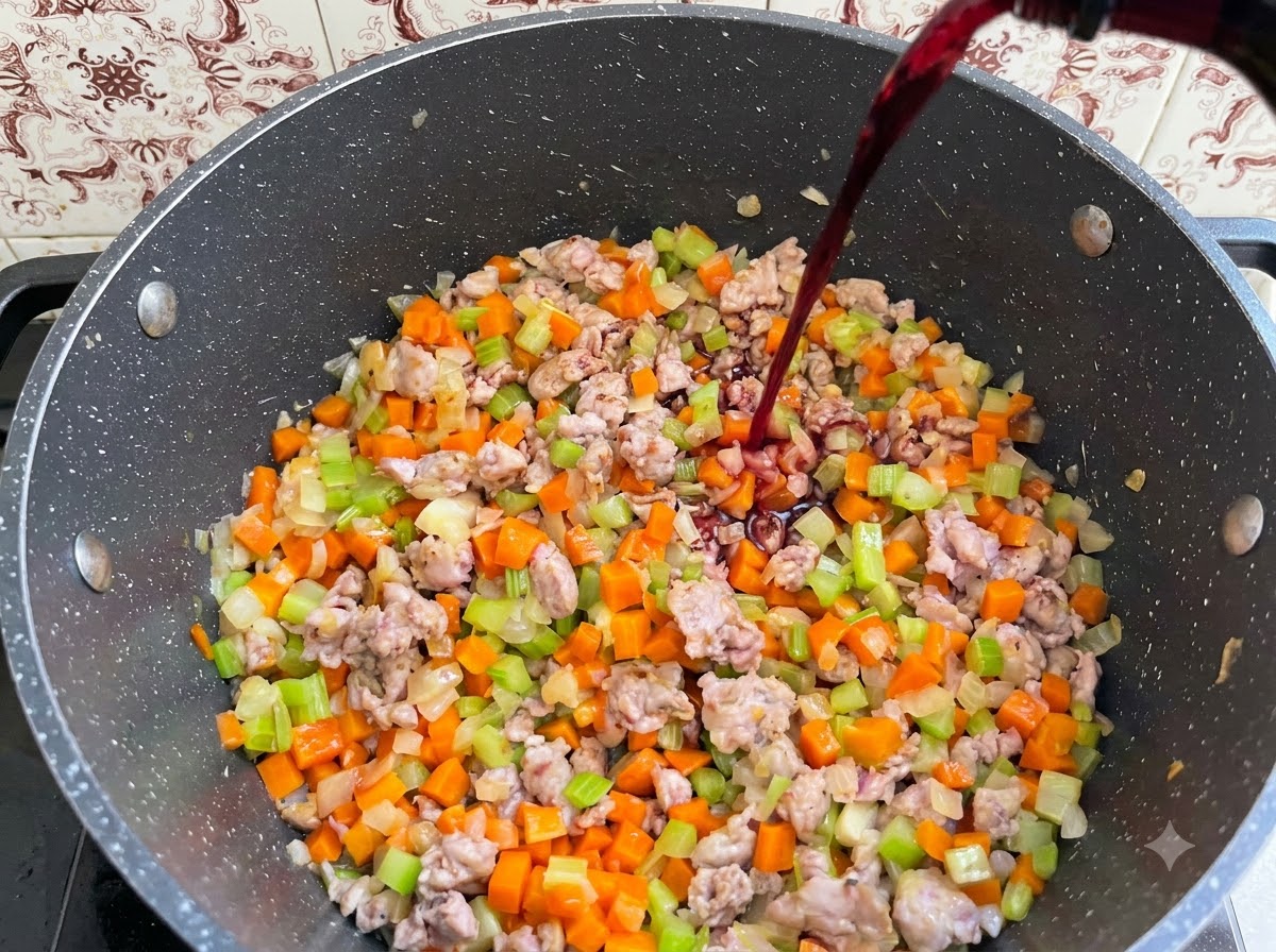 Vino tinto siendo vertido desde una botella en una olla llena de verduras y carne.