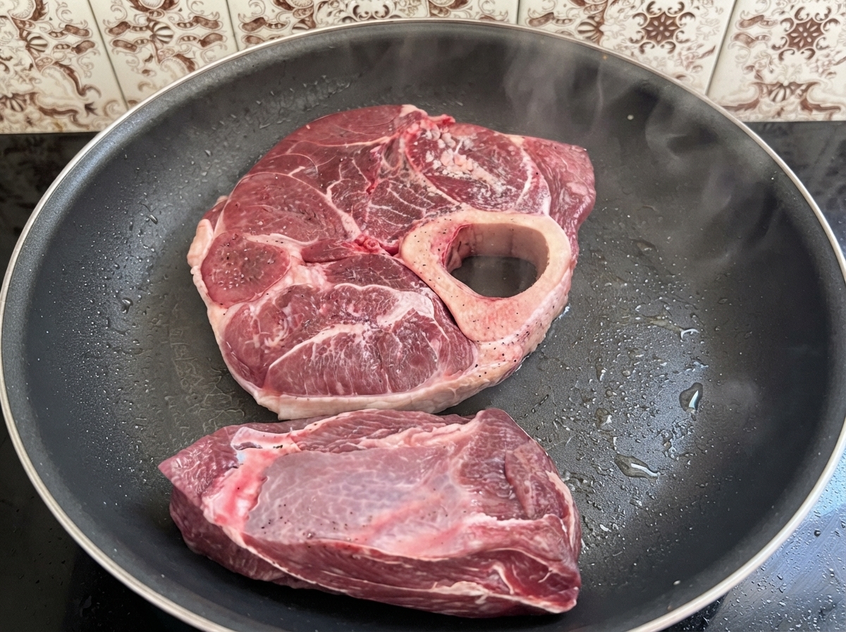Cortes de ternera sazonados sellándose en una sartén caliente con vapor visible.