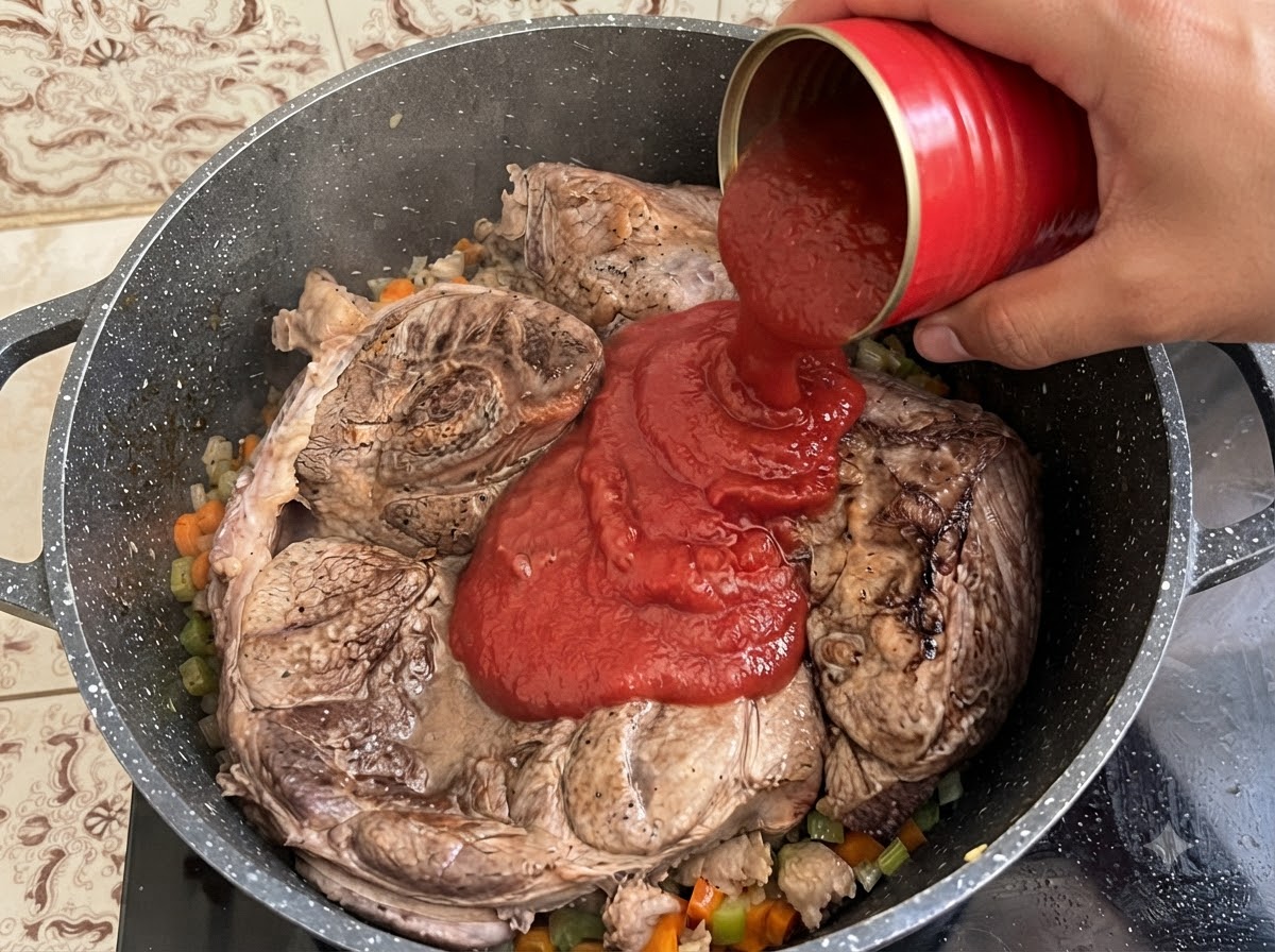 Puré de tomate siendo vertido desde una lata roja en una olla grande que contiene cortes de ternera y verduras cocidas.
