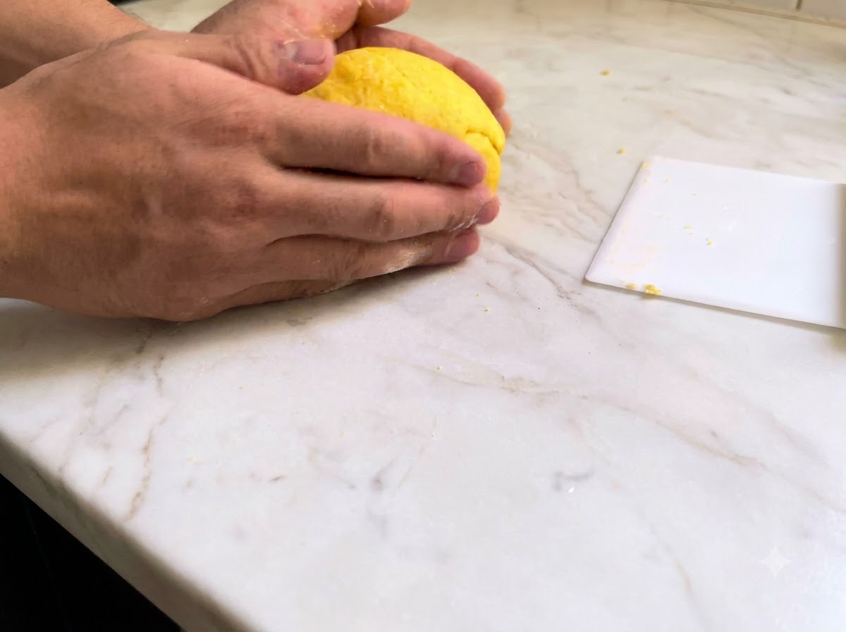 Manos amasando firmemente una bola de masa de pasta fresca de color amarillo vibrante sobre una superficie de mármol blanco.