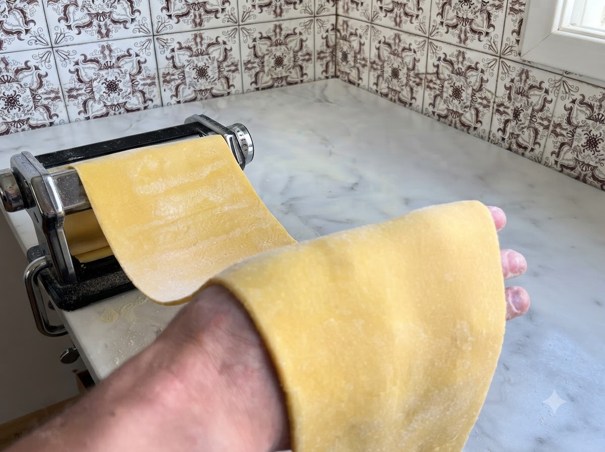 Masa de pasta siendo estirada de forma plana utilizando una máquina para pasta.