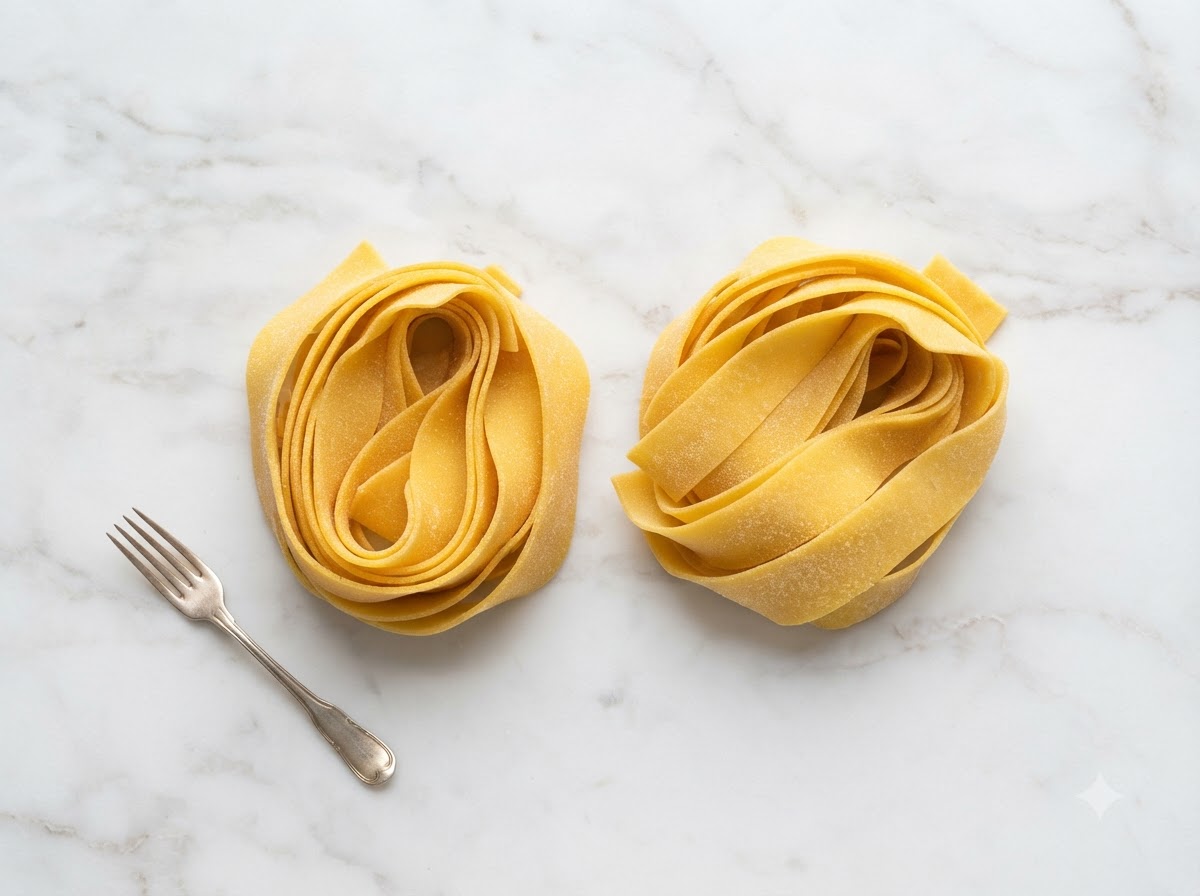 Pasta tagliatelle fresca siendo moldeada y enrollada en nidos.