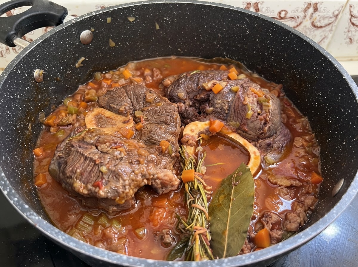 Ternera cocida siendo sacada de la olla con un utensilio para que se enfríe.