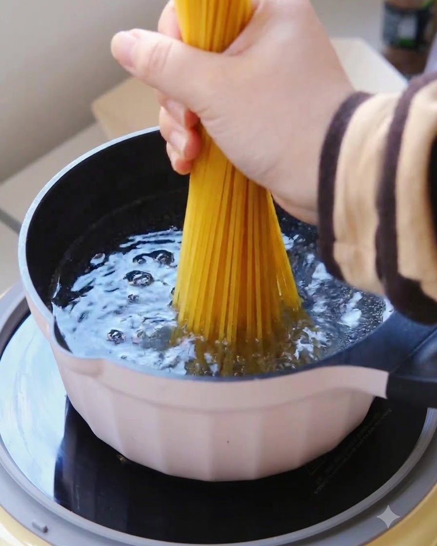 Un manojo de espaguetis secos siendo sumergido verticalmente en una olla con agua hirviendo a borbotones.