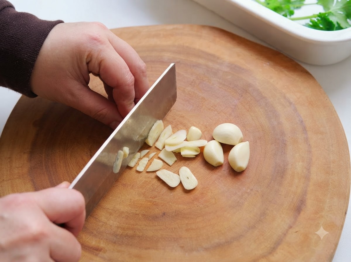 Dientes de ajo cortados en rodajas finas con un cuchillo de cocina sobre una tabla de madera.