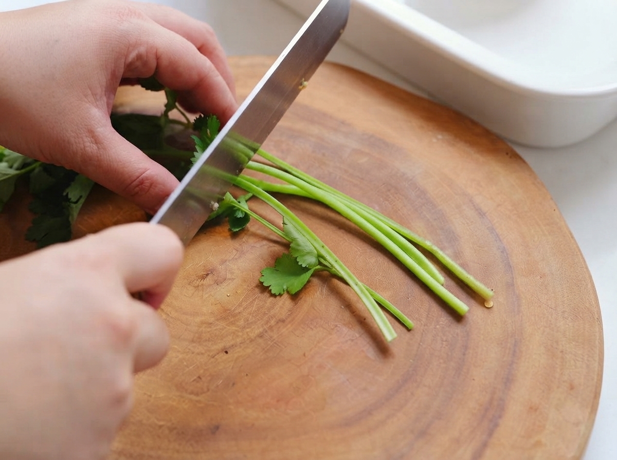 Tallos de cilantro fresco cortados con un cuchillo sobre una superficie de madera.