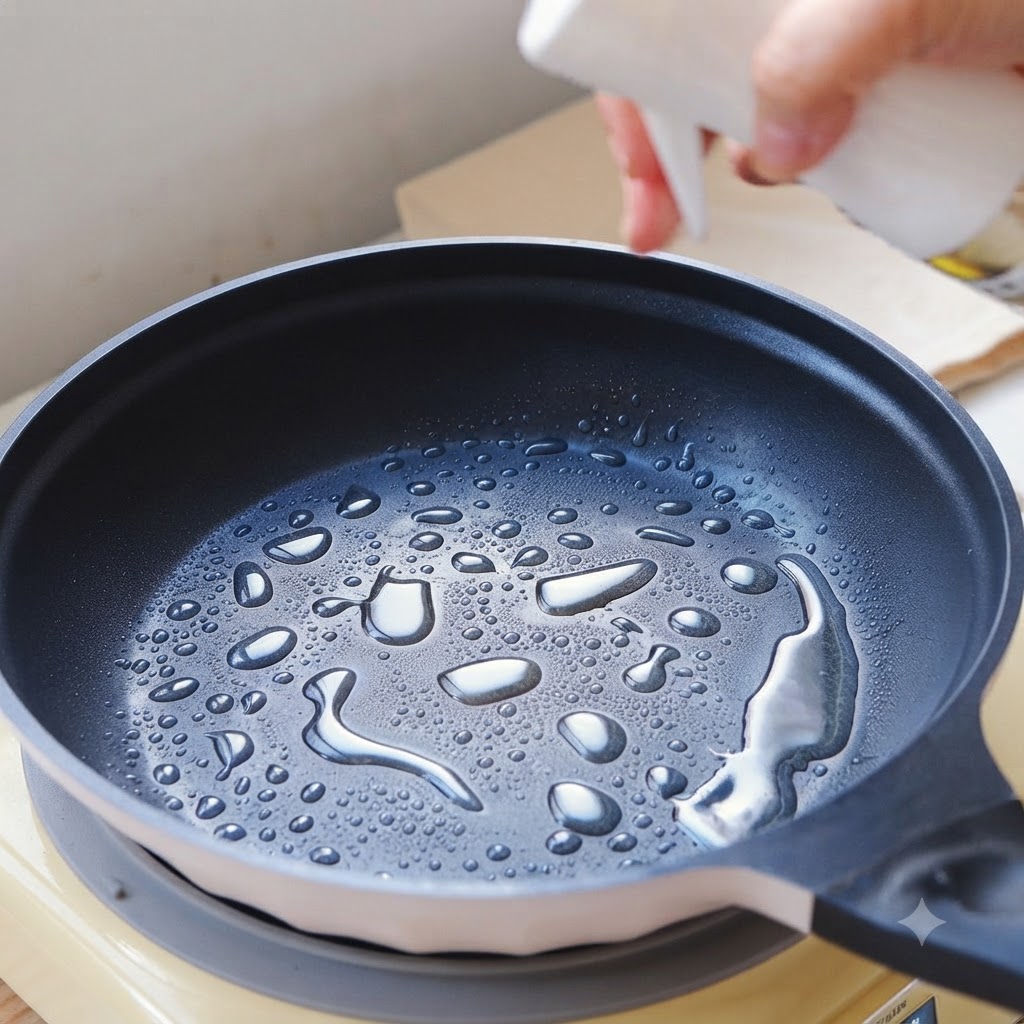 Gotas de aceite de cocina esparcidas por la superficie de una sartén negra.