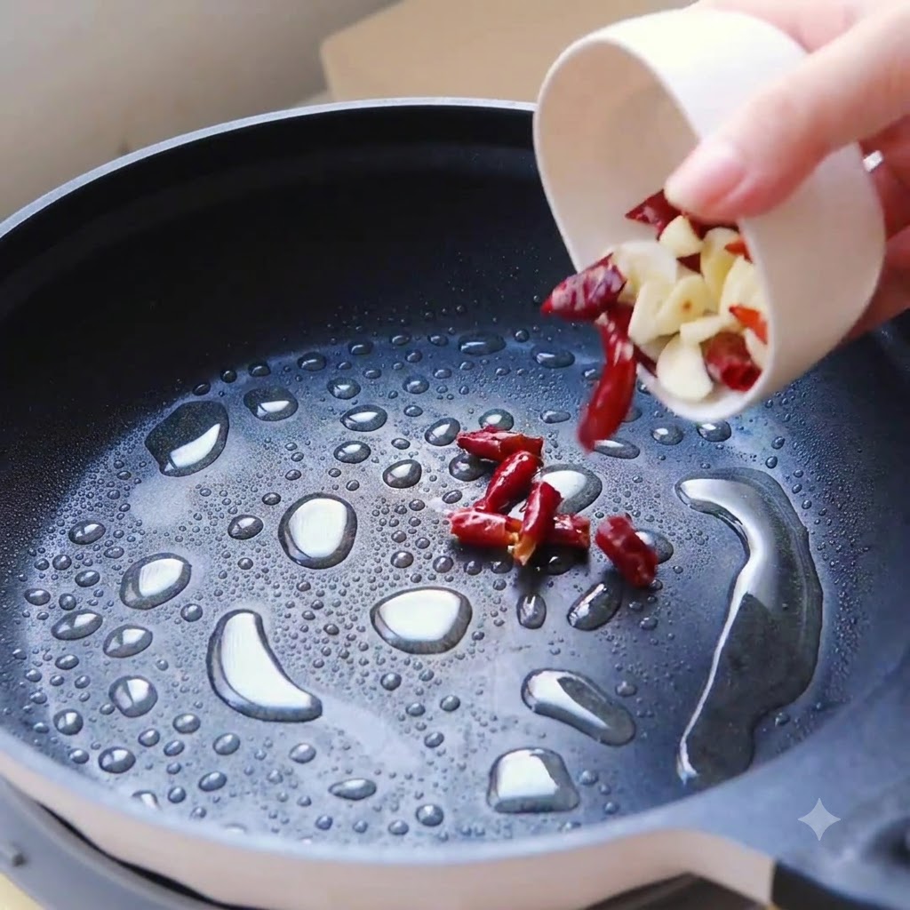 Ajo en rodajas y chiles rojos chisporroteando en aceite caliente dentro de una sartén.