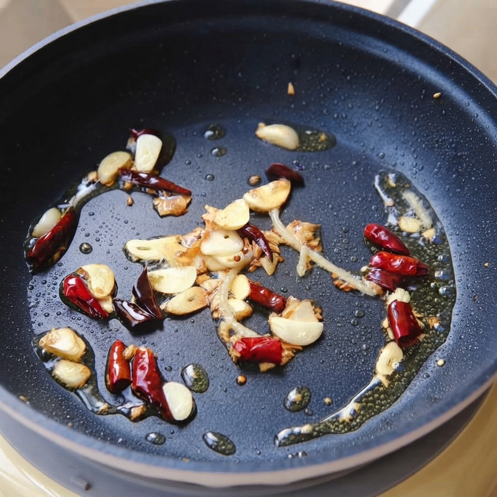 Hebras de espaguetis cocidos colocadas en una sartén con ajo salteado y chiles secos.