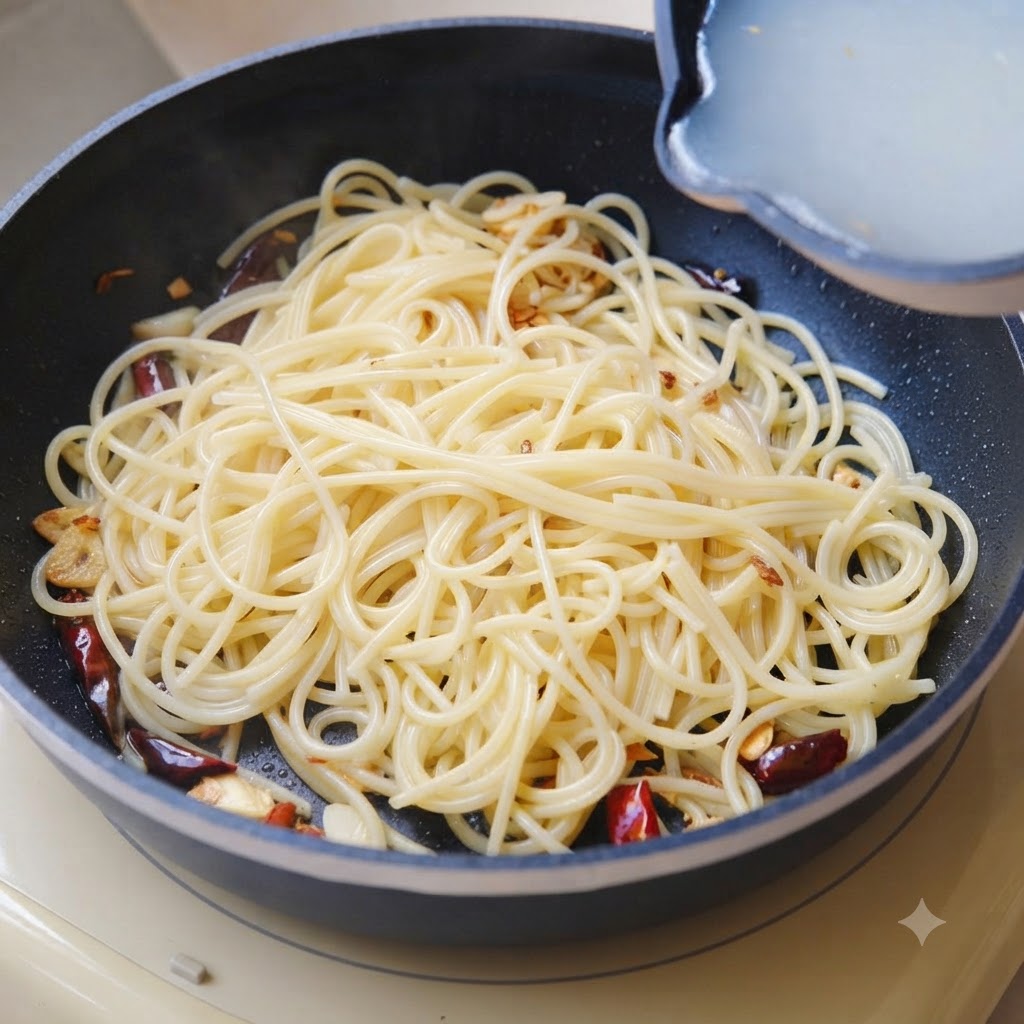 Agua hirviendo de pasta vertida desde una olla pequeña en la sartén con espaguetis cocidos.