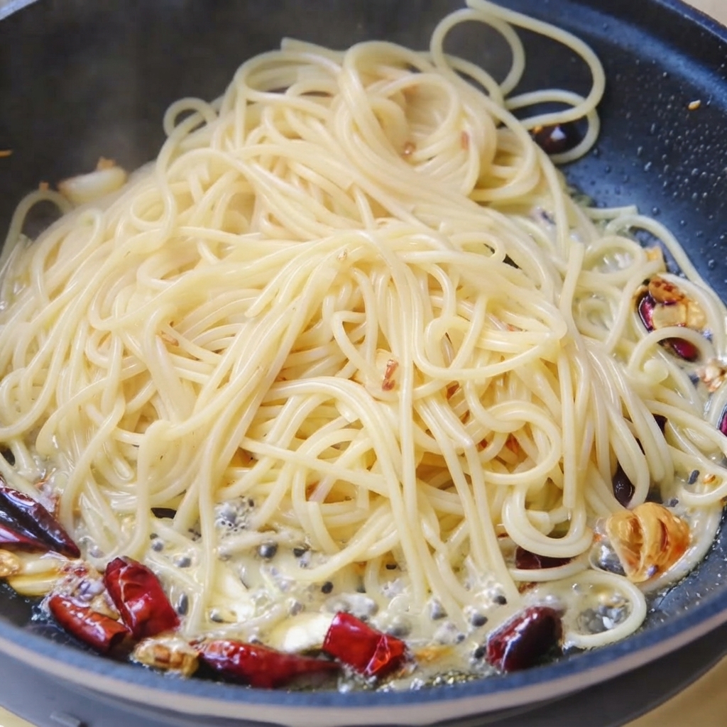 Espaguetis mezclados con tallos de cilantro y agua hirviendo en una sartén.