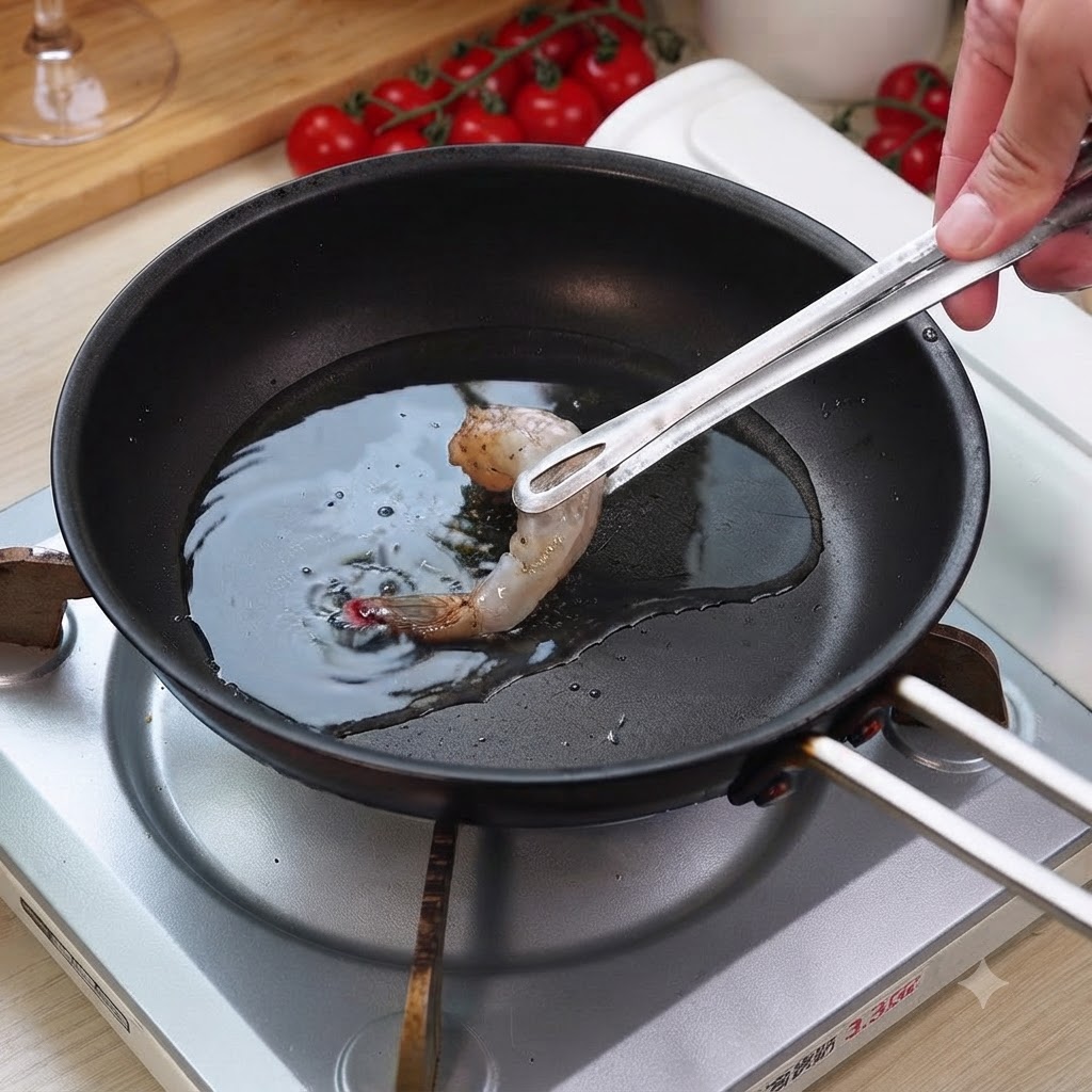 Un camarón sazonado siendo colocado en una sartén caliente con aceite usando pinzas de cocina.