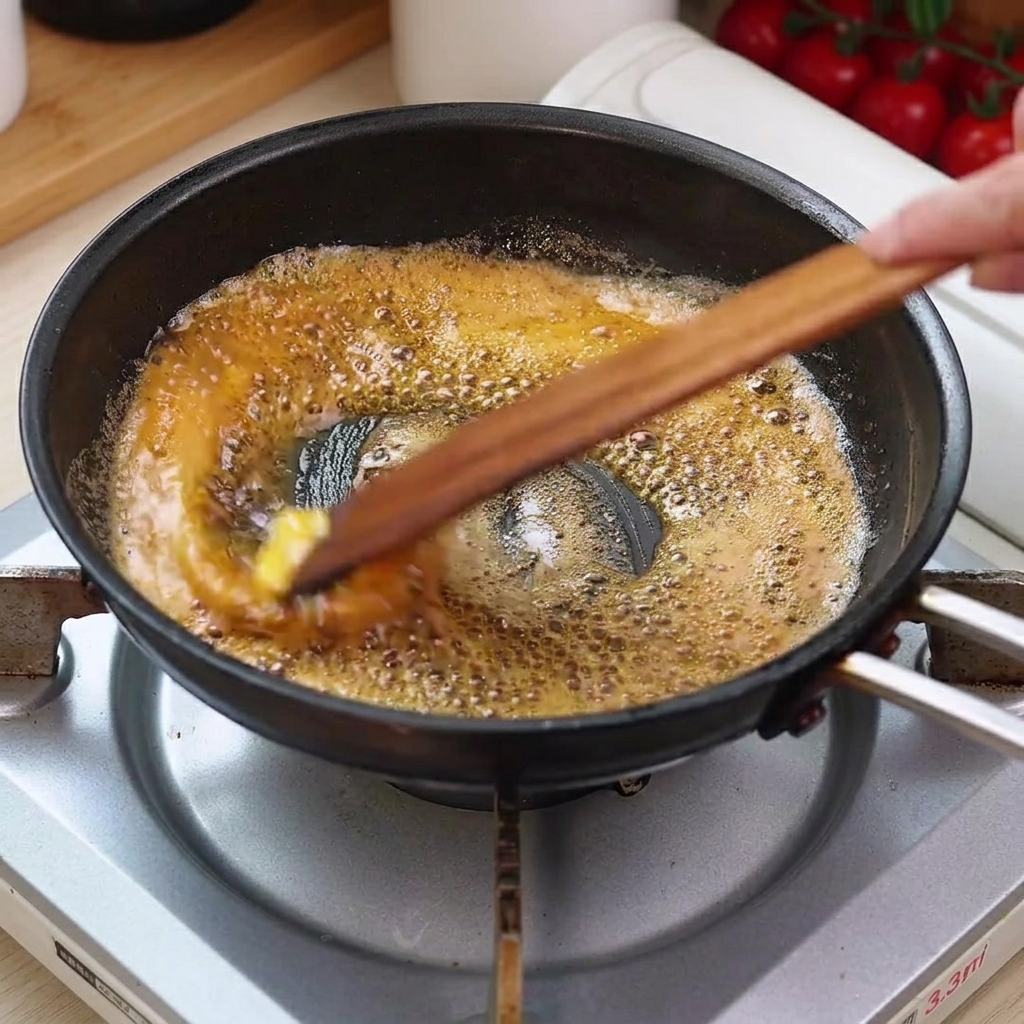 Mantequilla y ajo picado derritiéndose y friéndose en una sartén con aceite sazonado, revueltos con una espátula de madera.
