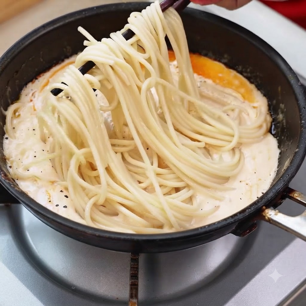 Hebras de espagueti cocido siendo levantadas con palillos dentro de una salsa cremosa de sartén con camarones.