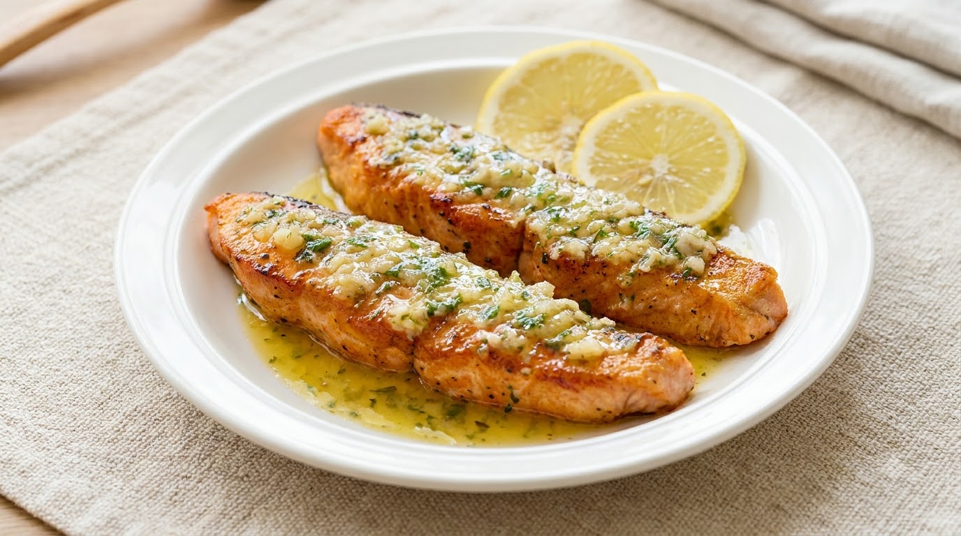 Salmón al limón a la sartén con pasta de camarones al ajillo