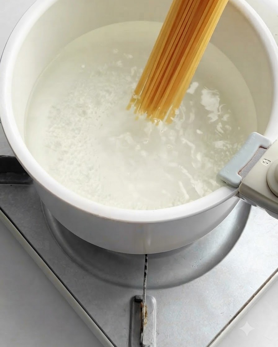 Un manojo de fideos largos de espagueti hundiéndose en una olla blanca llena de agua hirviendo con burbujas en una estufa.