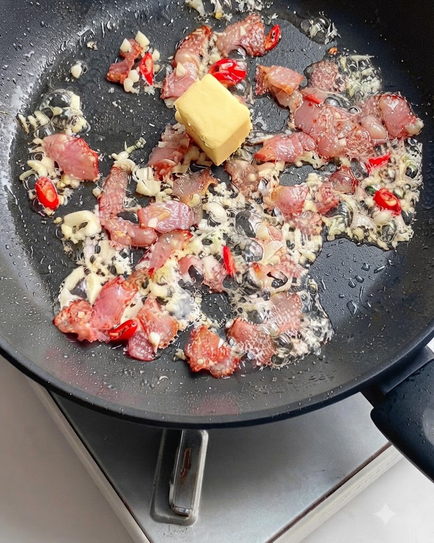 Un cubo sólido de mantequilla amarilla derritiéndose entre el tocino, el ajo y el chile en la sartén.