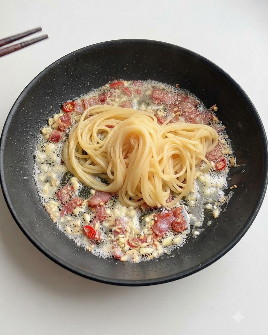 Una pequeña cantidad de agua de pasta con almidón siendo vertida en la sartén con tocino y ajo.
