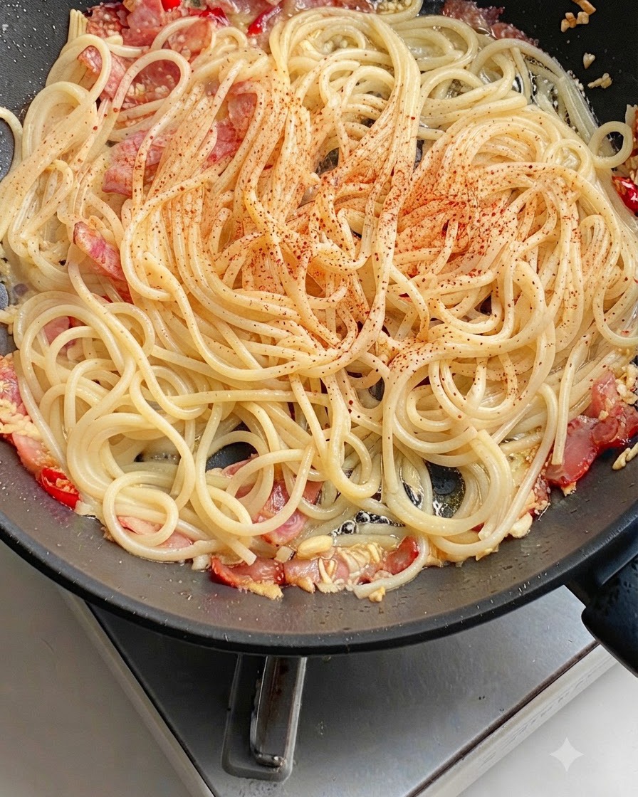 Un chorrito de salsa de ostras oscura vertido sobre los fideos de pasta en la sartén.