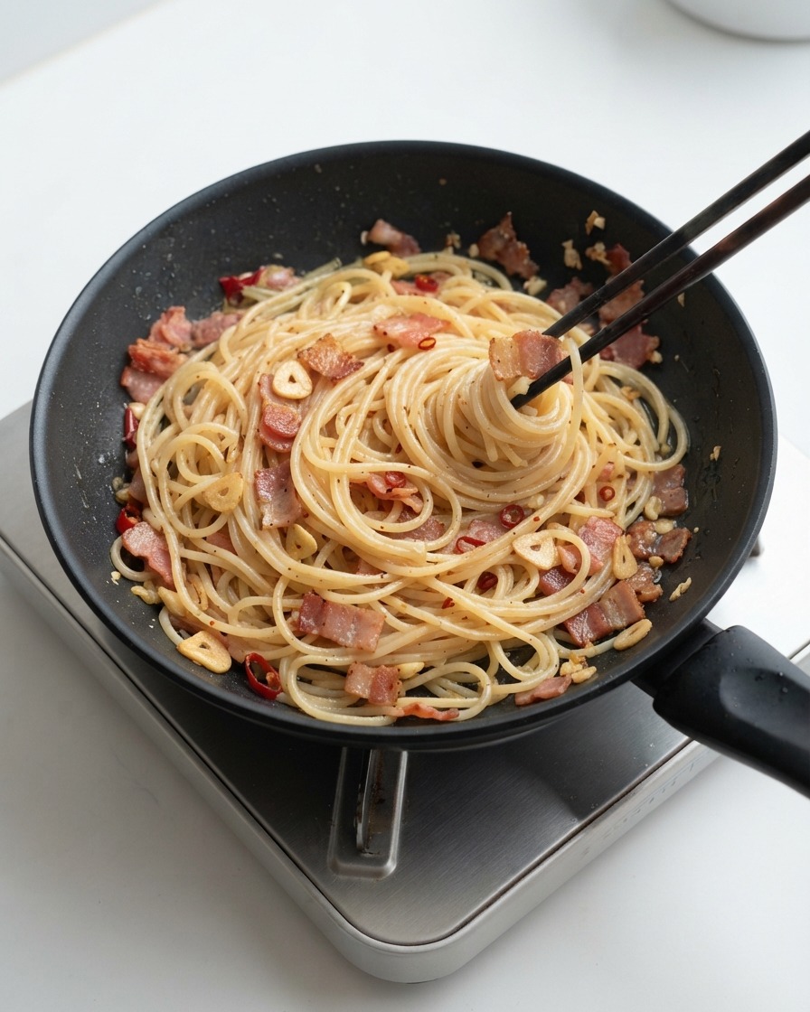 Fideos de espagueti siendo revueltos con palillos en una sartén con salsa de tocino y ajo.