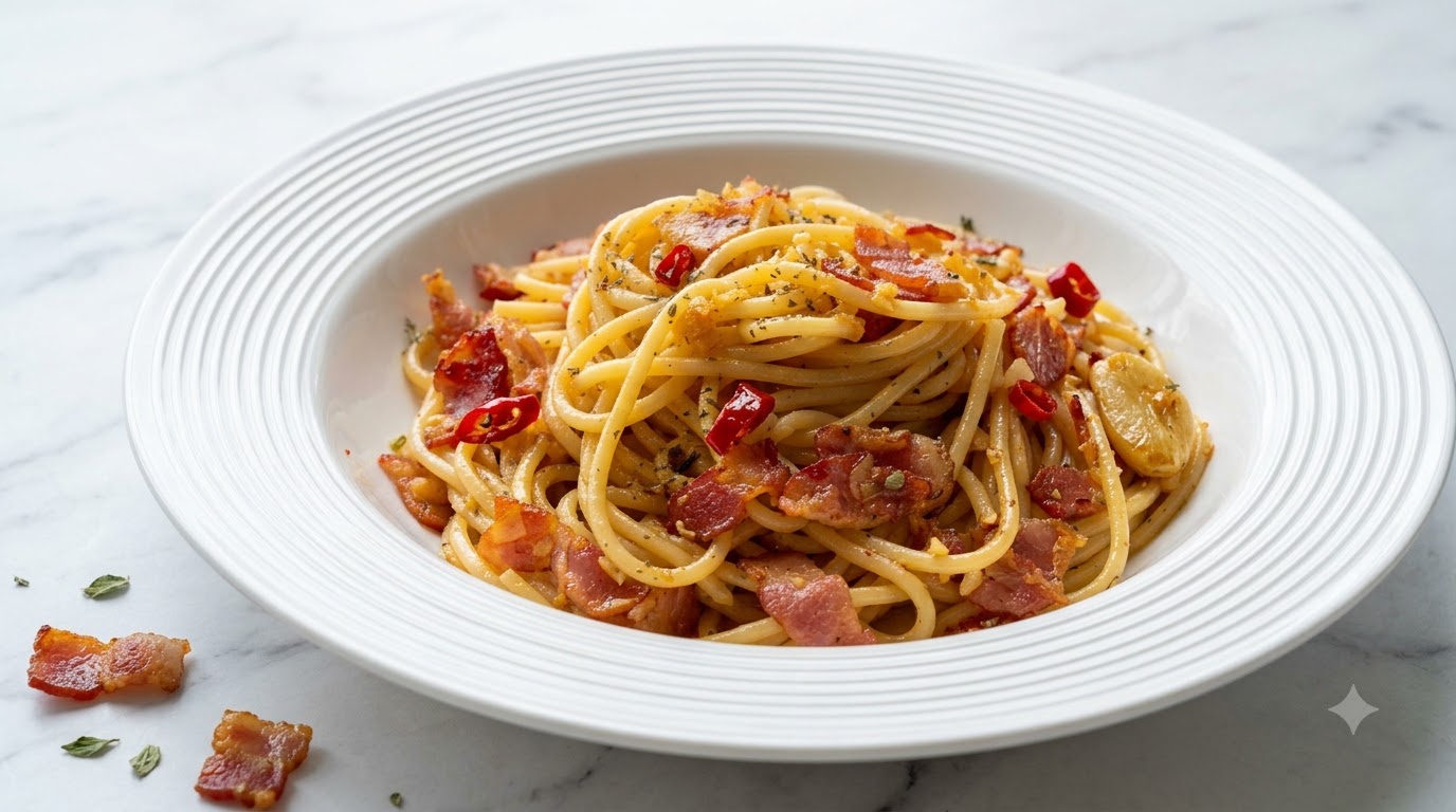 Pasta con Mantequilla de Ajo y Tocino con Chile y Salsa de Ostras