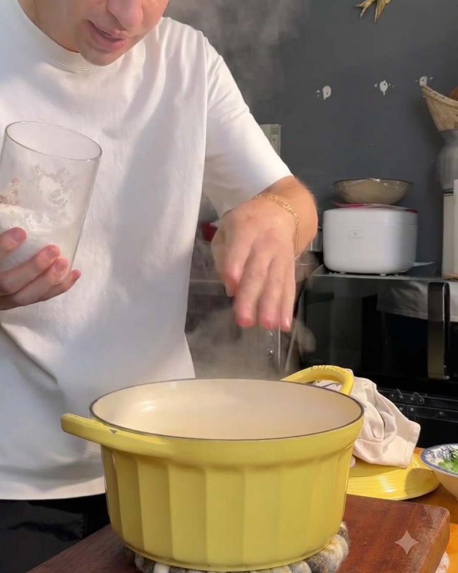 Una persona añadiendo sal a una olla amarilla con agua hirviendo junto a la pasta.