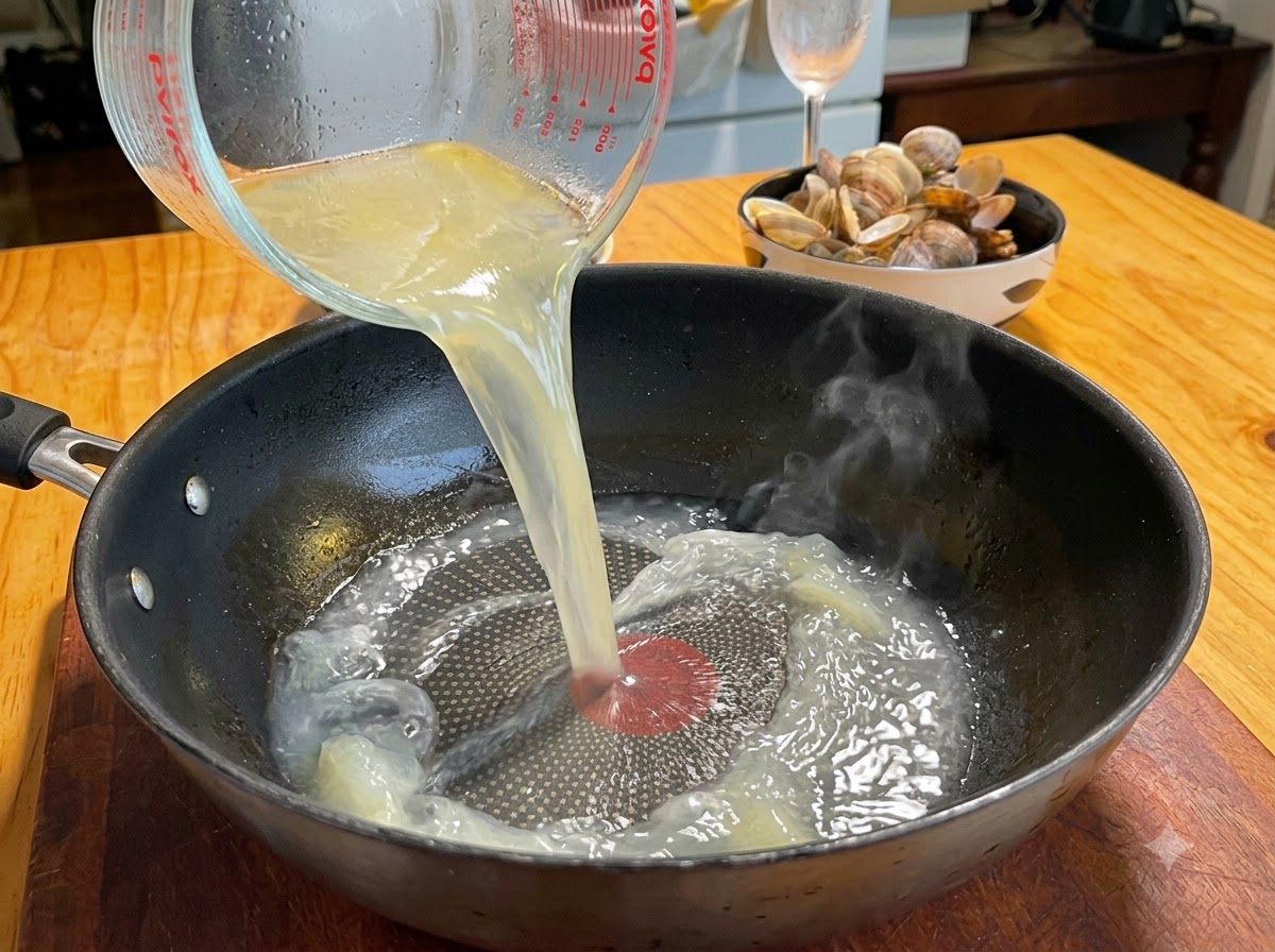 Caldo de almejas transparente siendo vertido desde una taza medidora de vidrio en una sartén negra.