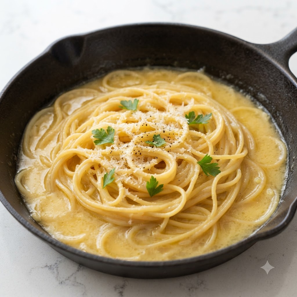 Espaguetis cociéndose a fuego lento en una sartén de hierro fundido, cubiertos con una emulsión dorada de caldo de almejas y adornados con perejil.
