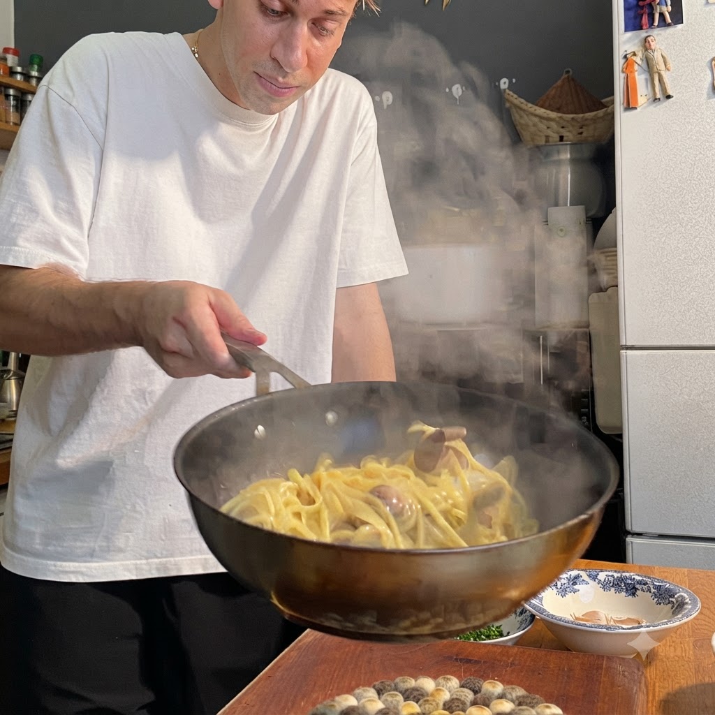 Un cocinero sosteniendo el mango de una sartén mientras remueve espaguetis y almejas entre vapor ascendente en una cocina.