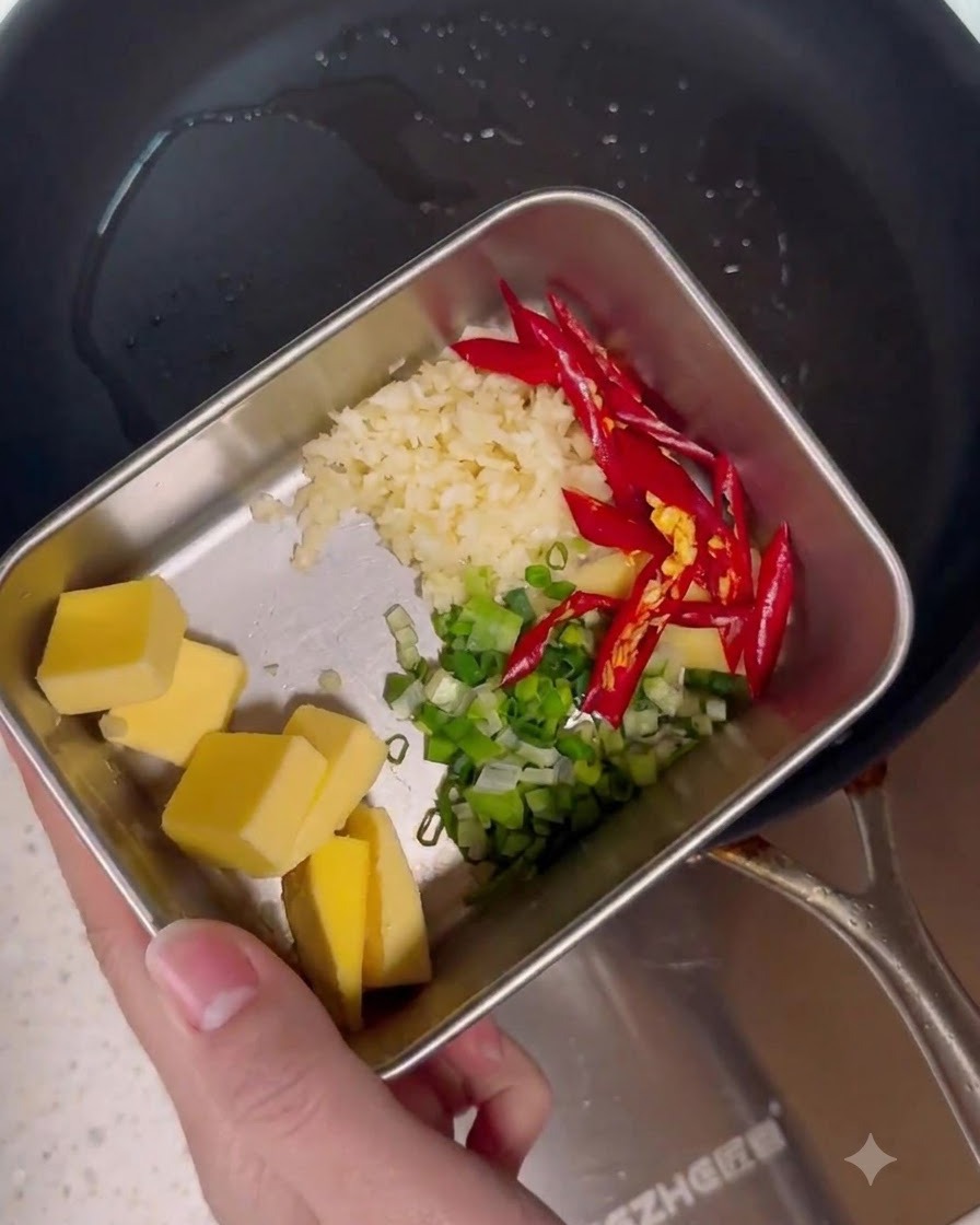 Un recipiente de metal que contiene cebolletas picadas, ajo picado, jengibre, chiles rojos en rodajas y cubos de mantequilla.