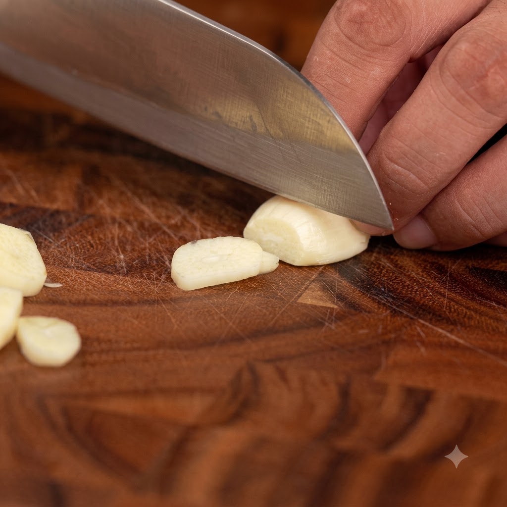 Dientes de ajo cortados en rodajas uniformes sobre una tabla de cortar de madera con un cuchillo de chef afilado.